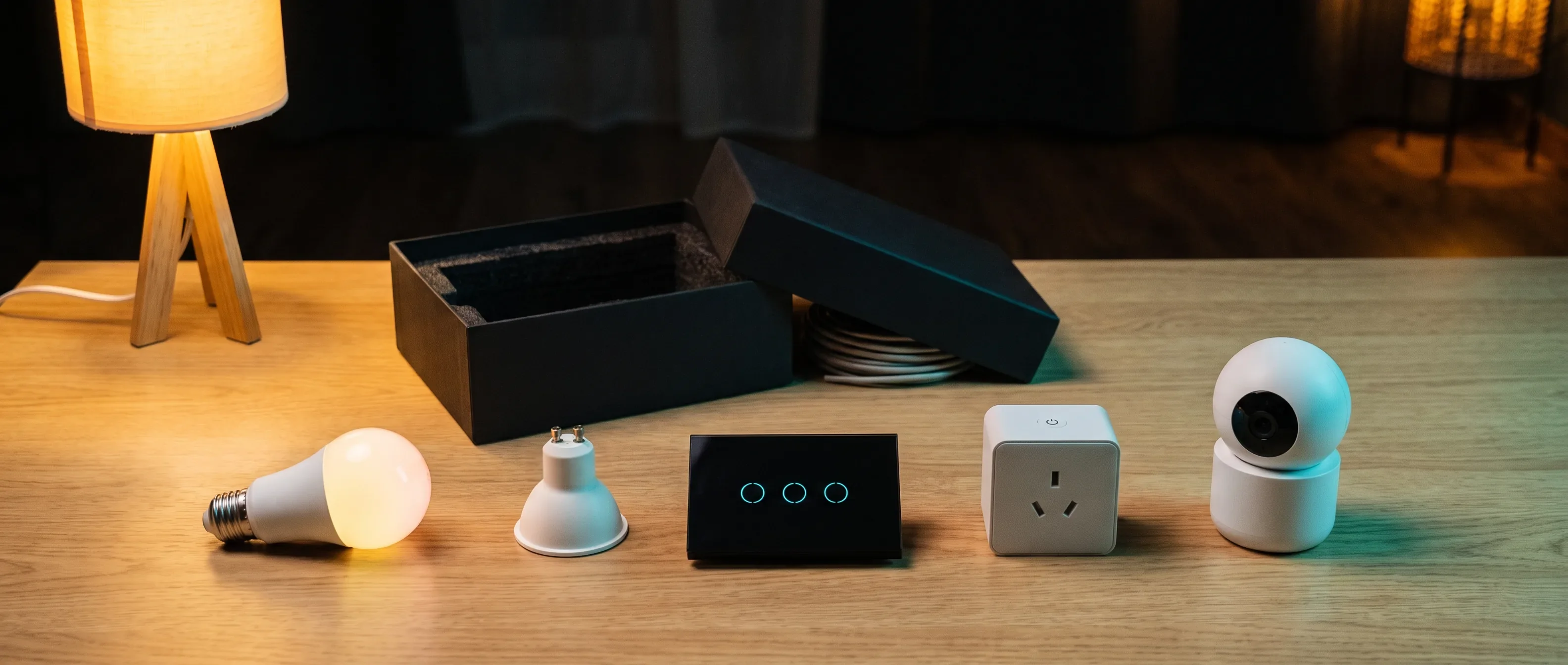 El kit abierto sobre un escritorio, de noche: lámpara bulbo, lámpara dicro, tecla táctil de vidrio negro, enchufe y cámara de seguridad.
