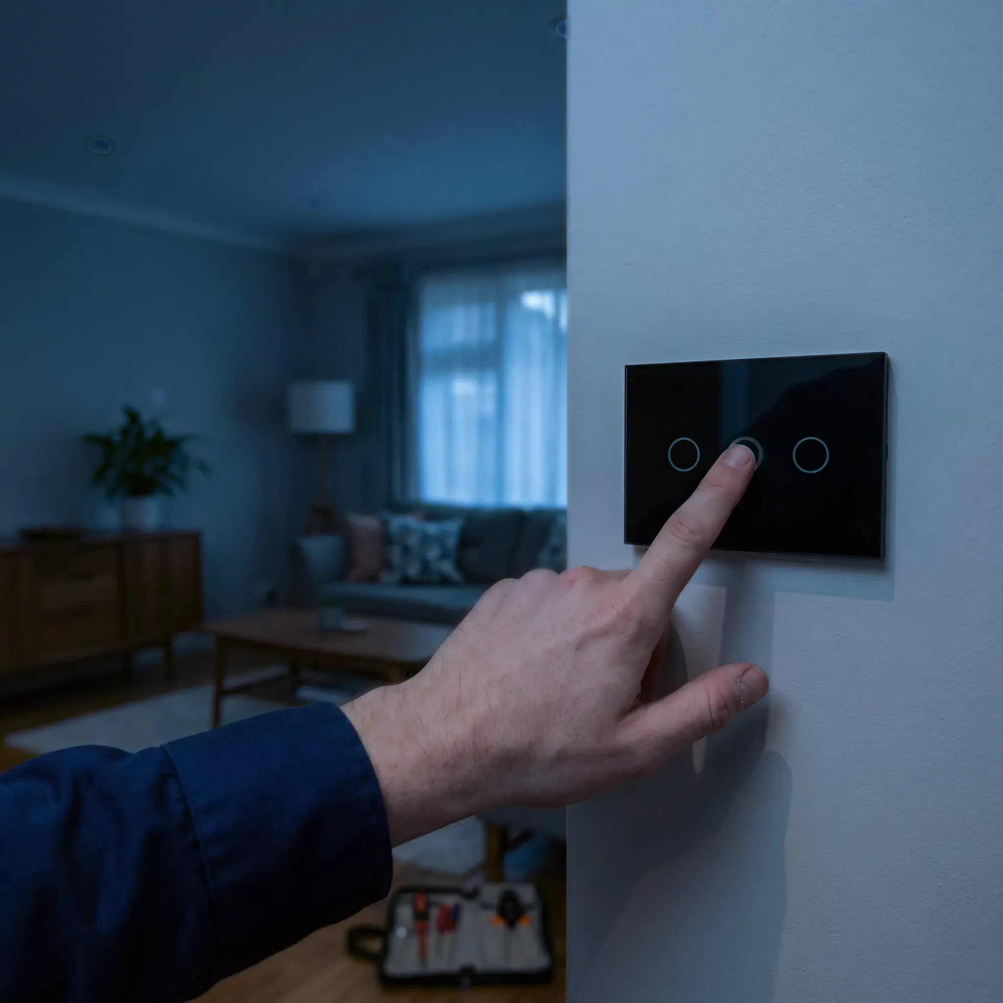 Una mano toca una tecla táctil recién instalada y el living se enciende